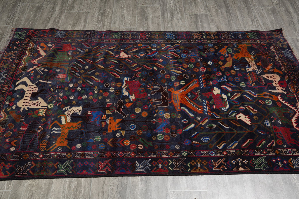 3.9 x 7 Dark Animal Motif Village Tribal Rug #F-3240