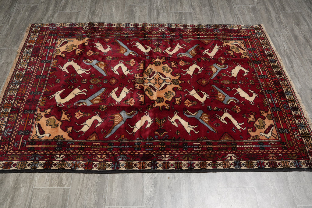 4.4 x 6.7 Afghan Tribal Animal Motif Rug #F-3257