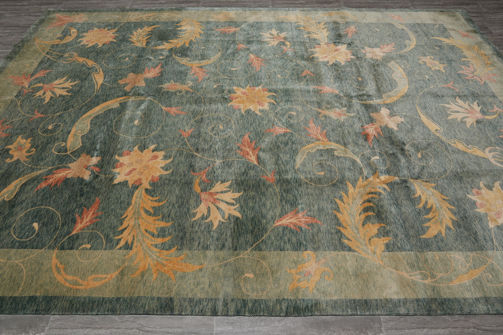 8.7 x 11.6 Transitional Contemporary Hand-Knotted Quality Natural Wool Nepal Rug GREEN #PIX-13912