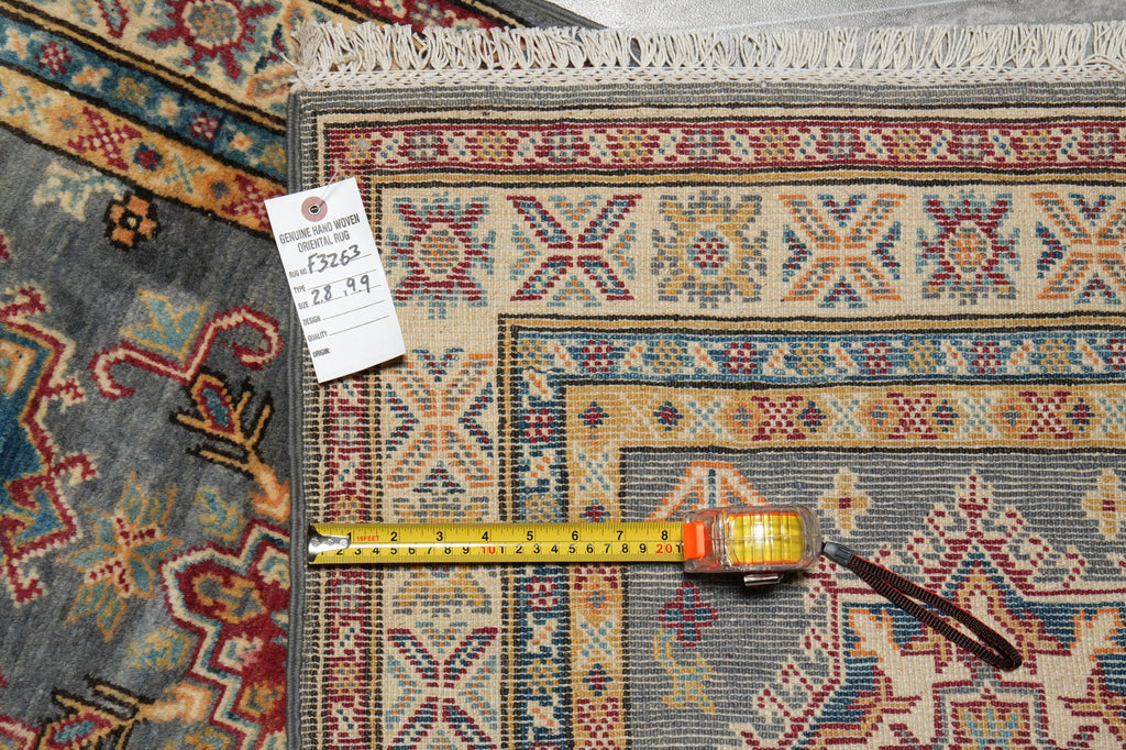 2.8 x 9. 1 0 Feet Runner Kazak Wool Handmade Slate Gray Blue #F-3263
