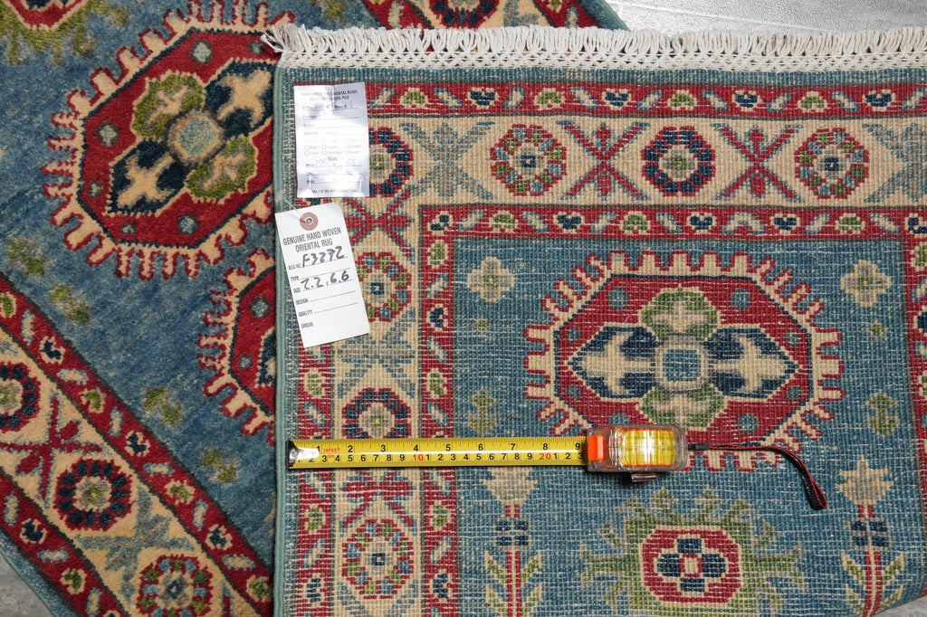 2.2 x 6. 7 Feet Short Kazak Runner Afghanistan Wool Turquoises Blue #F-3272