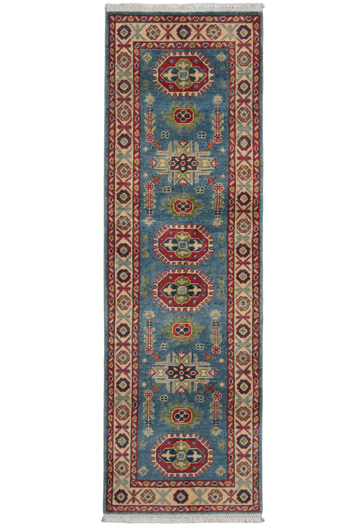 2.2 x 6. 7 Feet Short Kazak Runner Afghanistan Wool Turquoises Blue #F-3272