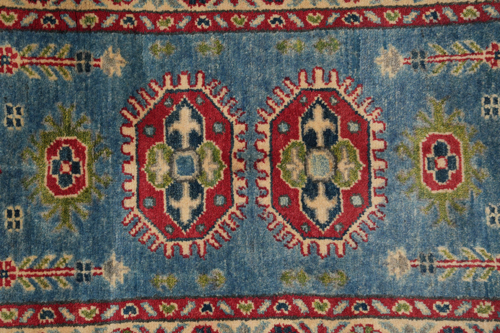 2.2 x 6. 7 Feet Short Kazak Runner Afghanistan Wool Turquoises Blue #F-3272