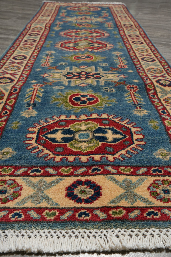 2.2 x 6. 7 Feet Short Kazak Runner Afghanistan Wool Turquoises Blue #F-3272