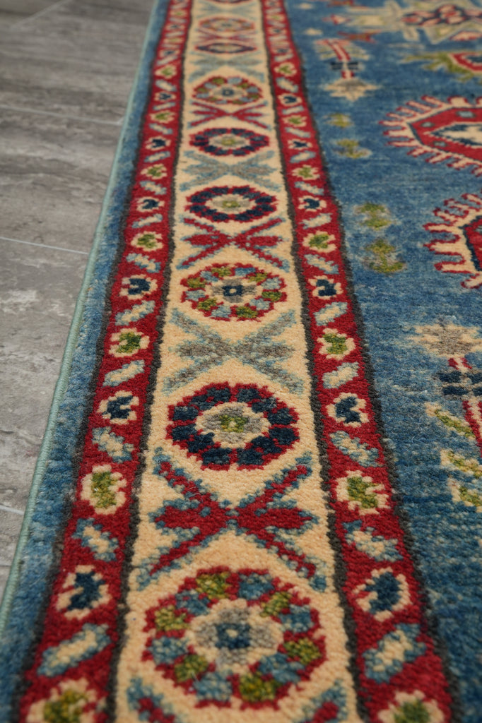 2.2 x 6. 7 Feet Short Kazak Runner Afghanistan Wool Turquoises Blue #F-3272