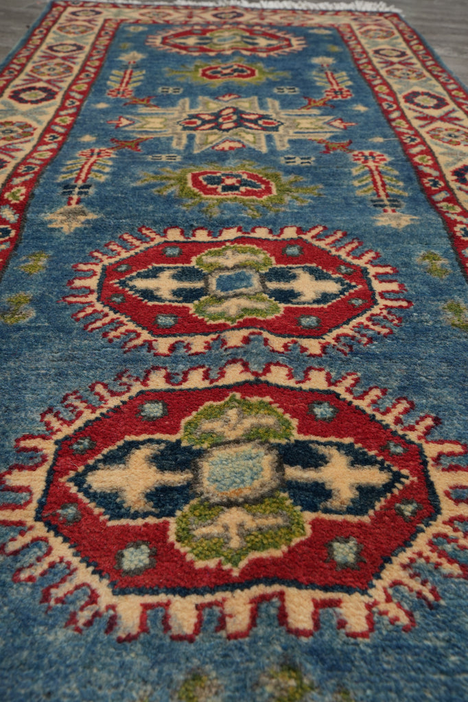 2.2 x 6. 7 Feet Short Kazak Runner Afghanistan Wool Turquoises Blue #F-3272