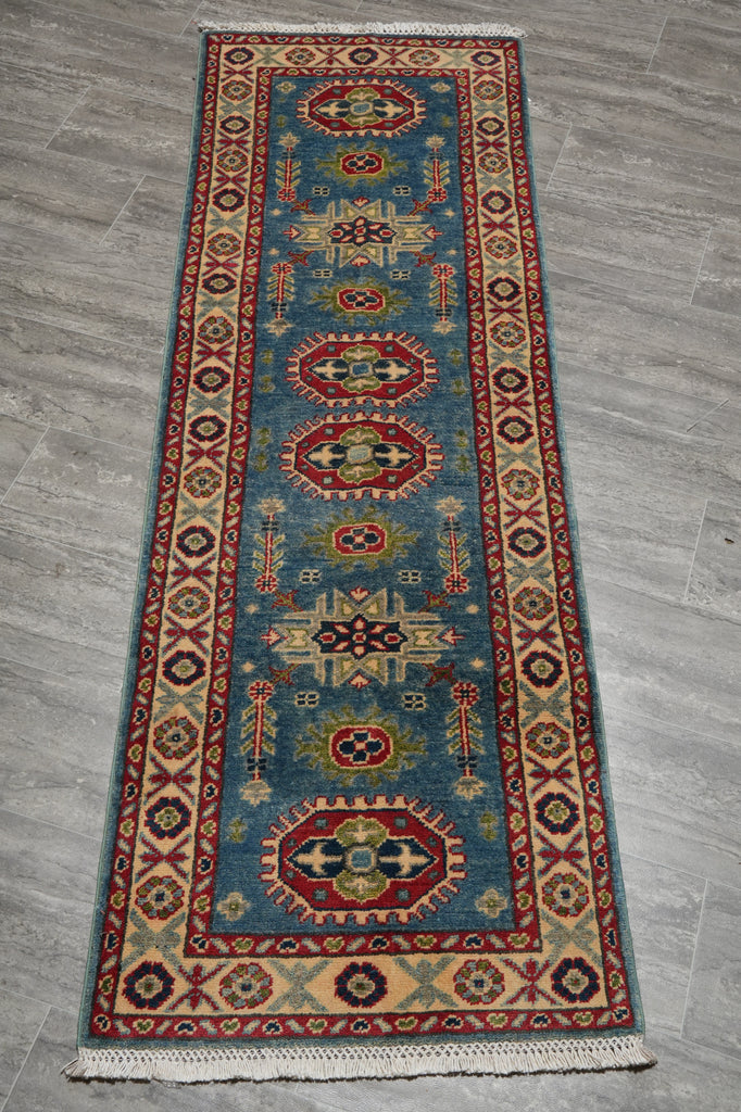 2.2 x 6. 7 Feet Short Kazak Runner Afghanistan Wool Turquoises Blue #F-3272