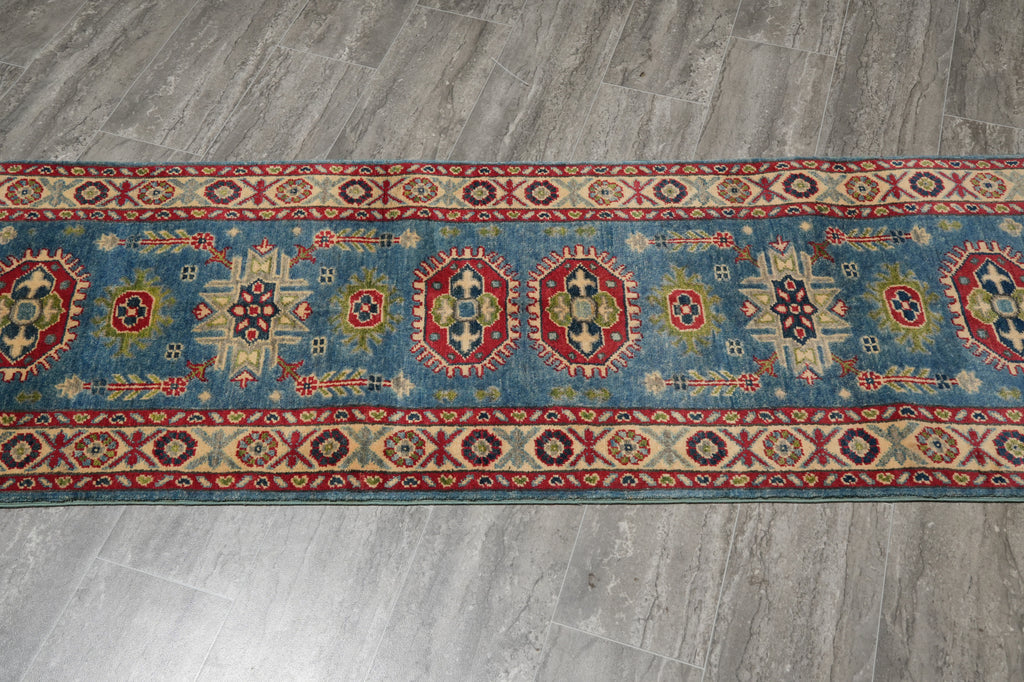2.2 x 6. 7 Feet Short Kazak Runner Afghanistan Wool Turquoises Blue #F-3272