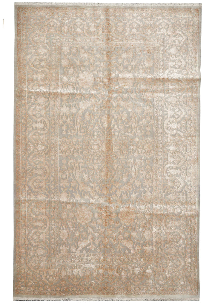 TWO TONE Colors Neutral finer Weave Hand-Knotted Rug Transitional Contemporary Carpet WOOL AND SILK 6.3 x 9.8 inquire other sizes #F-5711