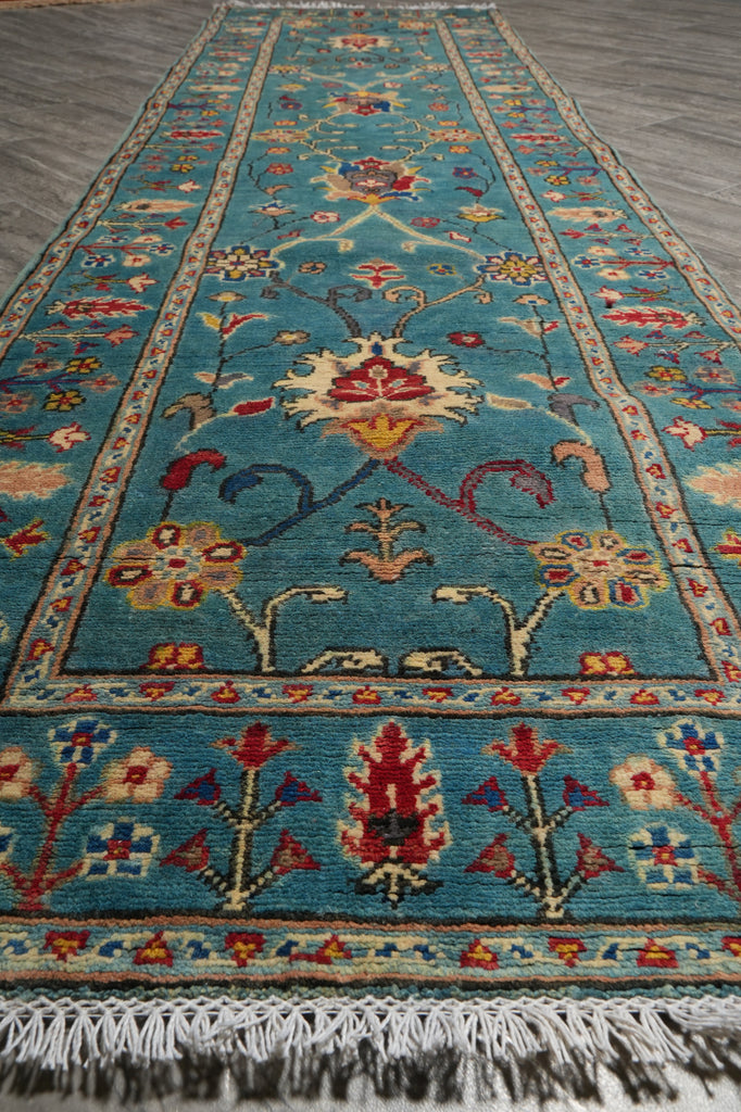 2.9 x 10 Feet Kazak geometric Runner Blue Green Newly Imported #F-3277