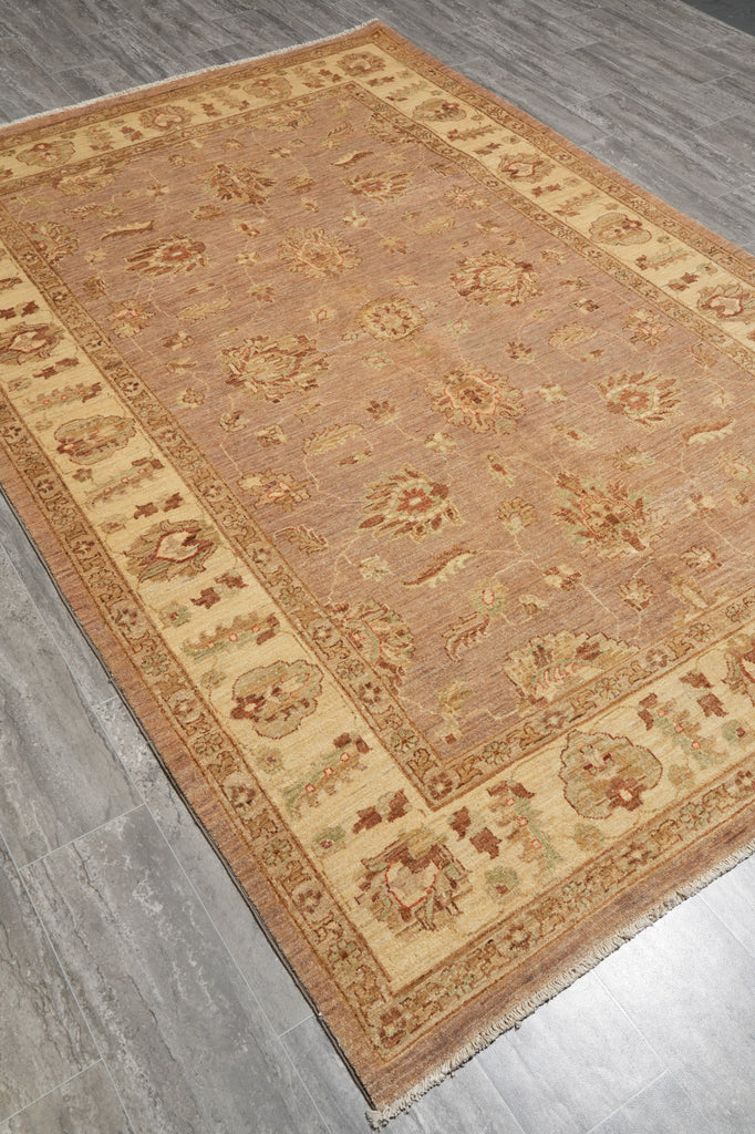 6 x 9 Tan Brown, Neutral Chobi Peshawar Rug Hand-Knotted Pakistan #F-5767
