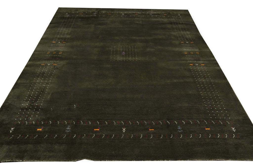 9 x 11.8 Moss Emerald Green Handmade Gabbeh Contemporary Rug #F-3296