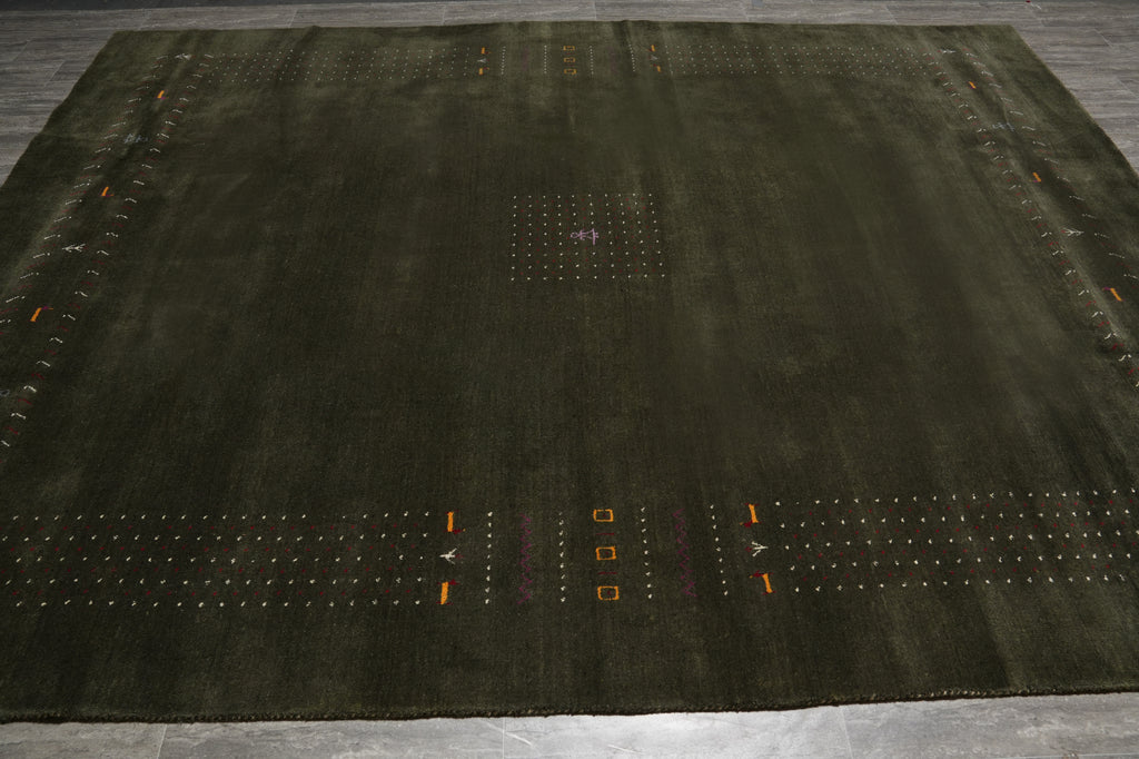 9 x 11.8 Moss Emerald Green Handmade Gabbeh Contemporary Rug #F-3296