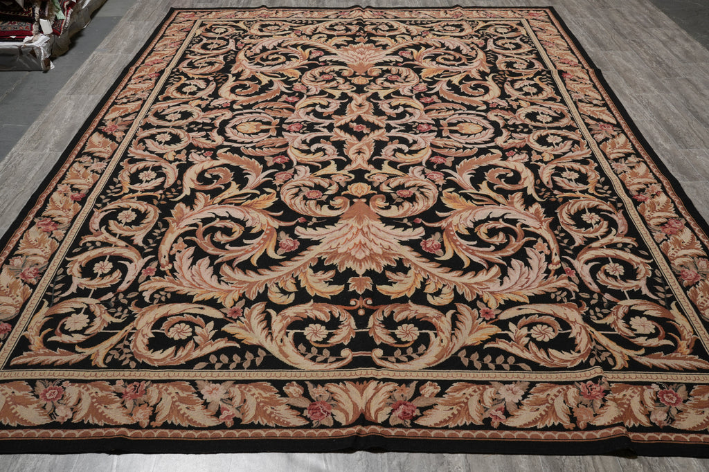9 x 12 Flat Weave French Country Aubusson Rug BLACK #PIX-11428