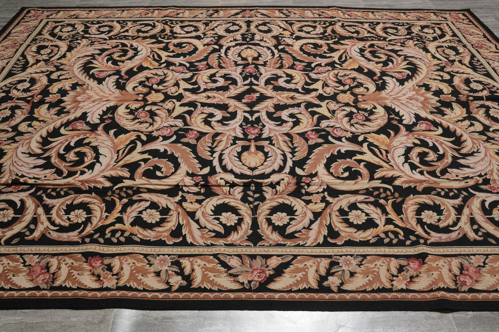 9 x 12 Flat Weave French Country Aubusson Rug BLACK #PIX-11428