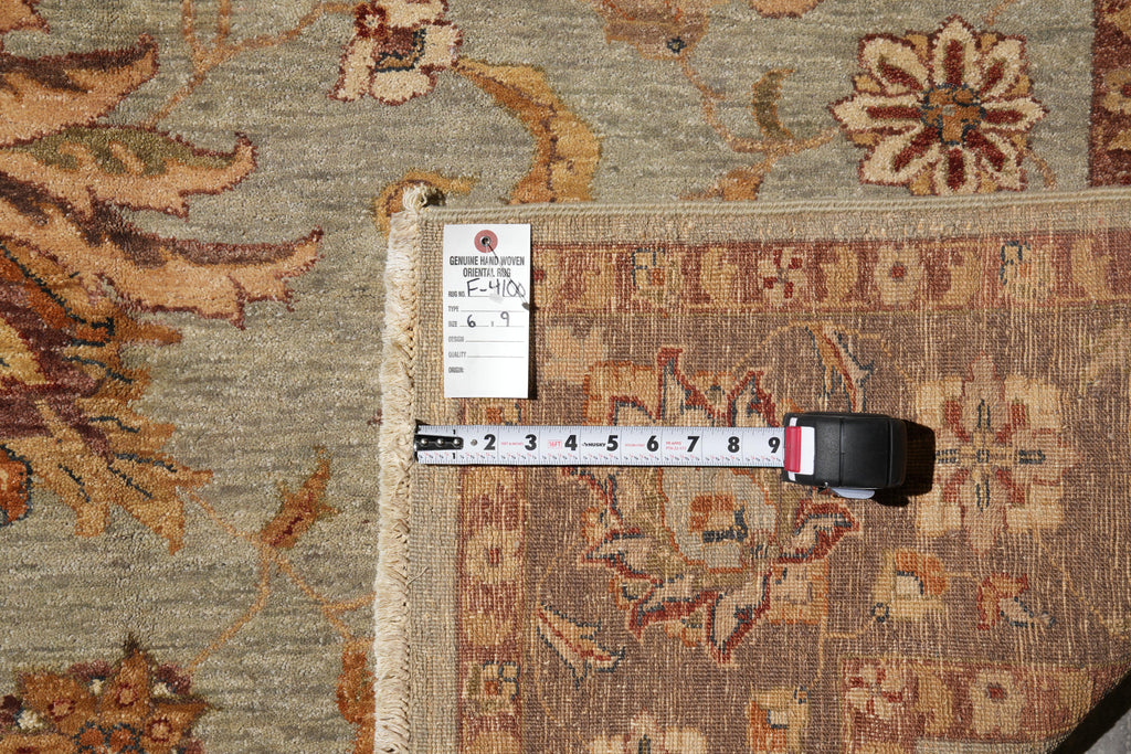 6.0 x 9.0 Green Brown Handmade Jaipur Rug #F-4100