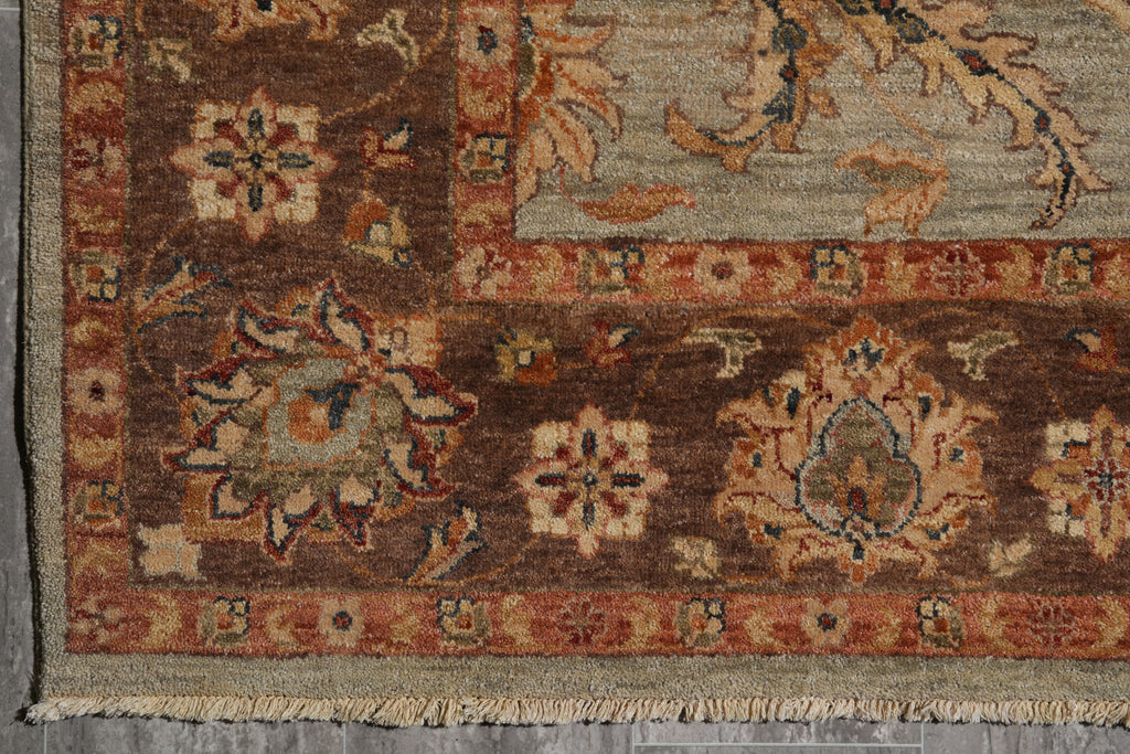 6.0 x 9.0 Green Brown Handmade Jaipur Rug #F-4100