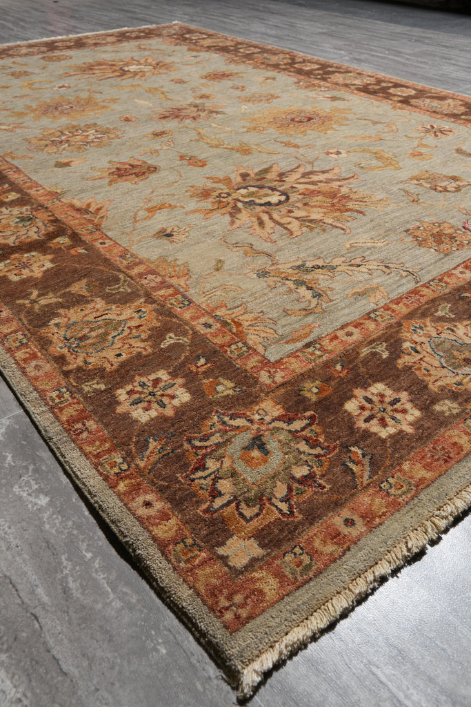 6.0 x 9.0 Green Brown Handmade Jaipur Rug #F-4100