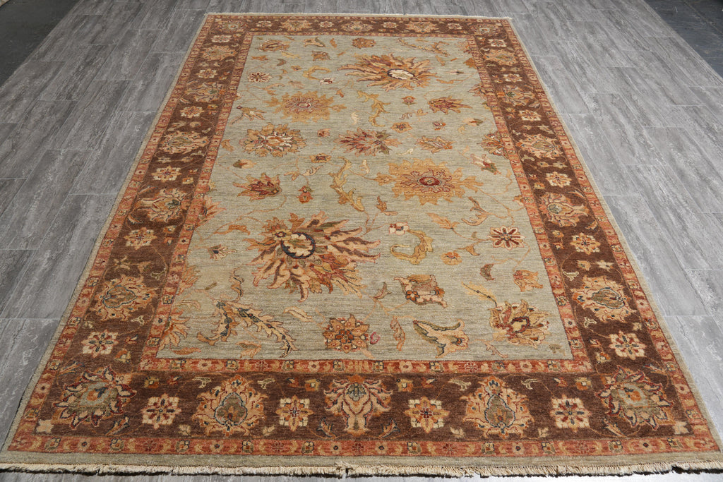 6.0 x 9.0 Green Brown Handmade Jaipur Rug #F-4100