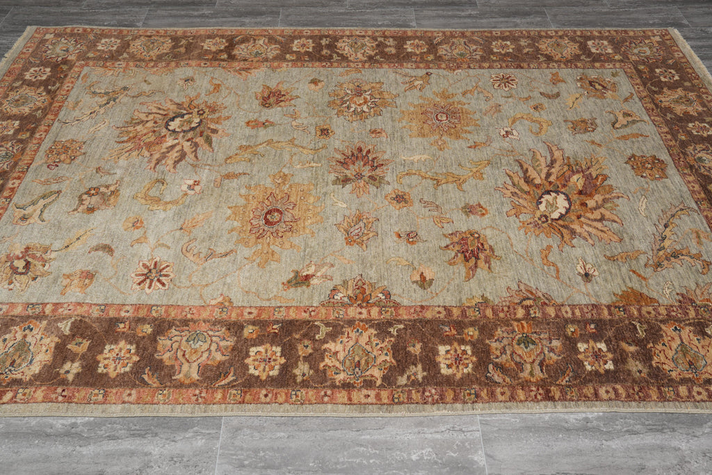 6.0 x 9.0 Green Brown Handmade Jaipur Rug #F-4100