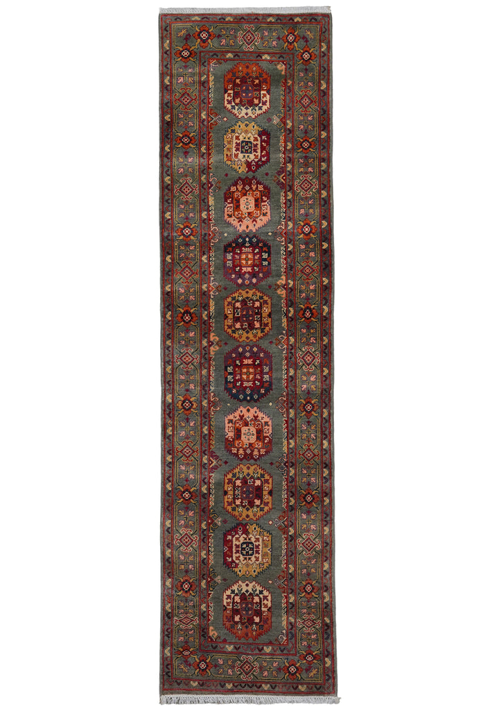 10' Feet Kazak Runner Afghan Handmade Wool GREEN #F-3278