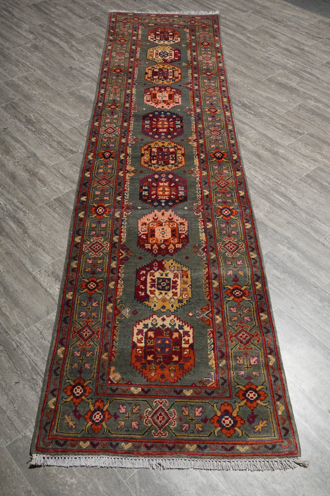 10' Feet Kazak Runner Afghan Handmade Wool GREEN #F-3278