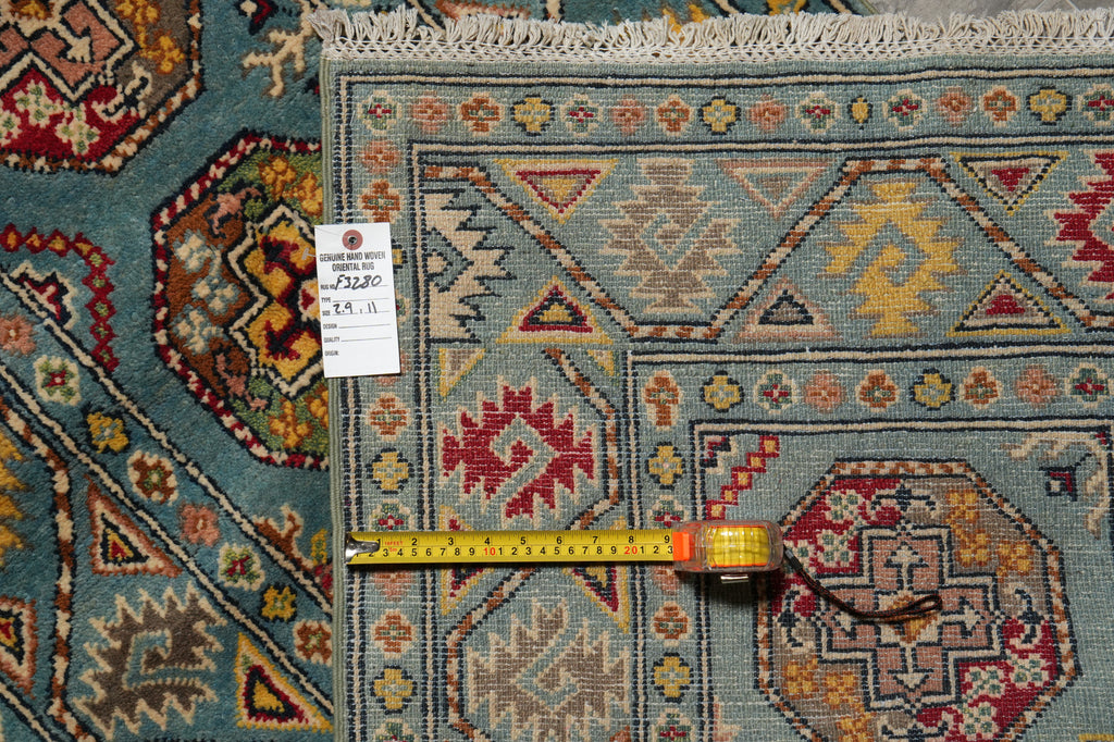 2.9 x 11 Feet Runner Afghan Handmade Wool Kazak Carpet Turquoise Blue #F-3280