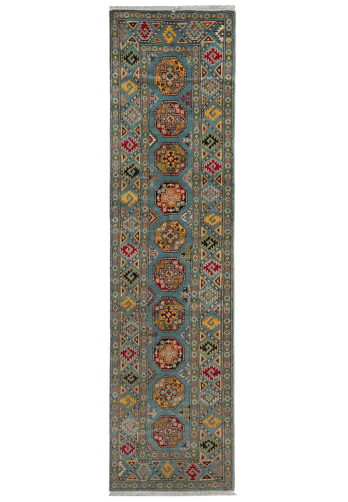 2.9 x 11 Feet Runner Afghan Handmade Wool Kazak Carpet Turquoise Blue #F-3280