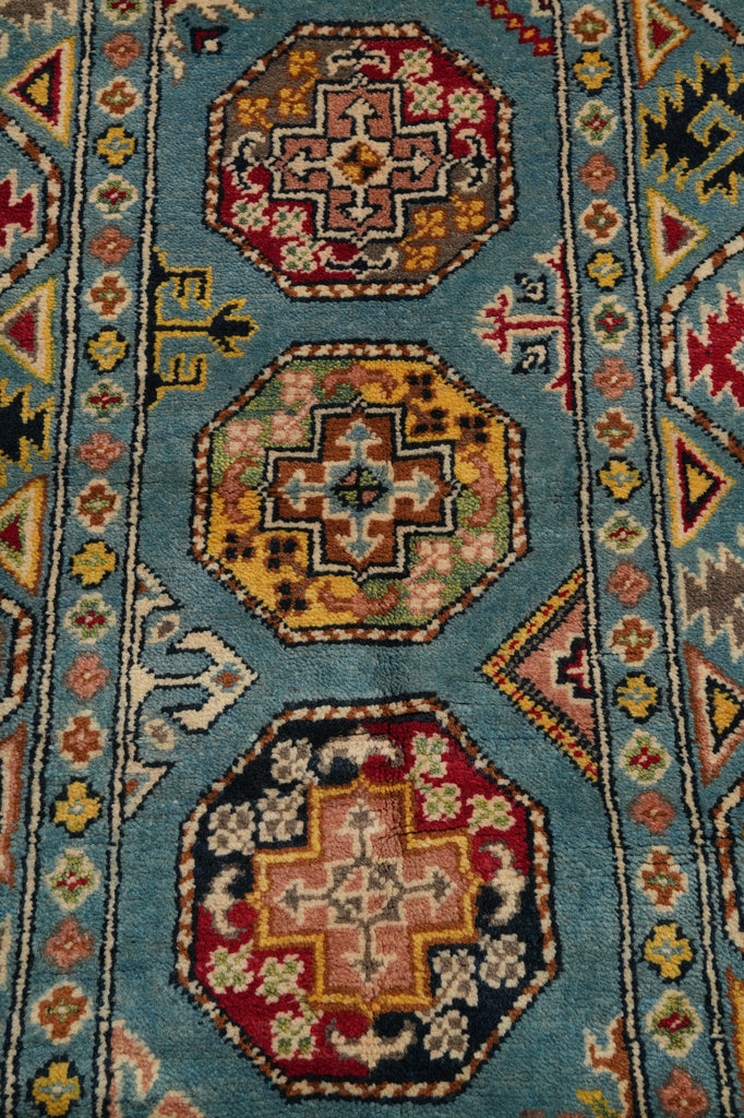 2.9 x 11 Feet Runner Afghan Handmade Wool Kazak Carpet Turquoise Blue #F-3280