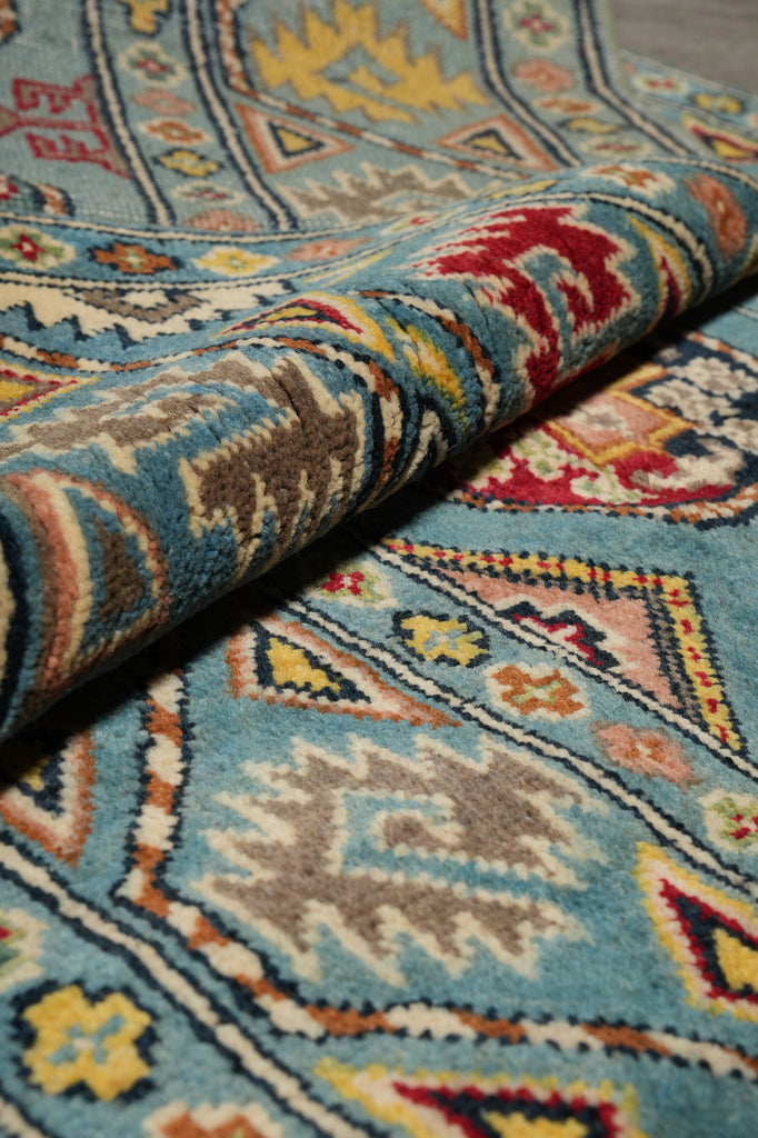 2.9 x 11 Feet Runner Afghan Handmade Wool Kazak Carpet Turquoise Blue #F-3280