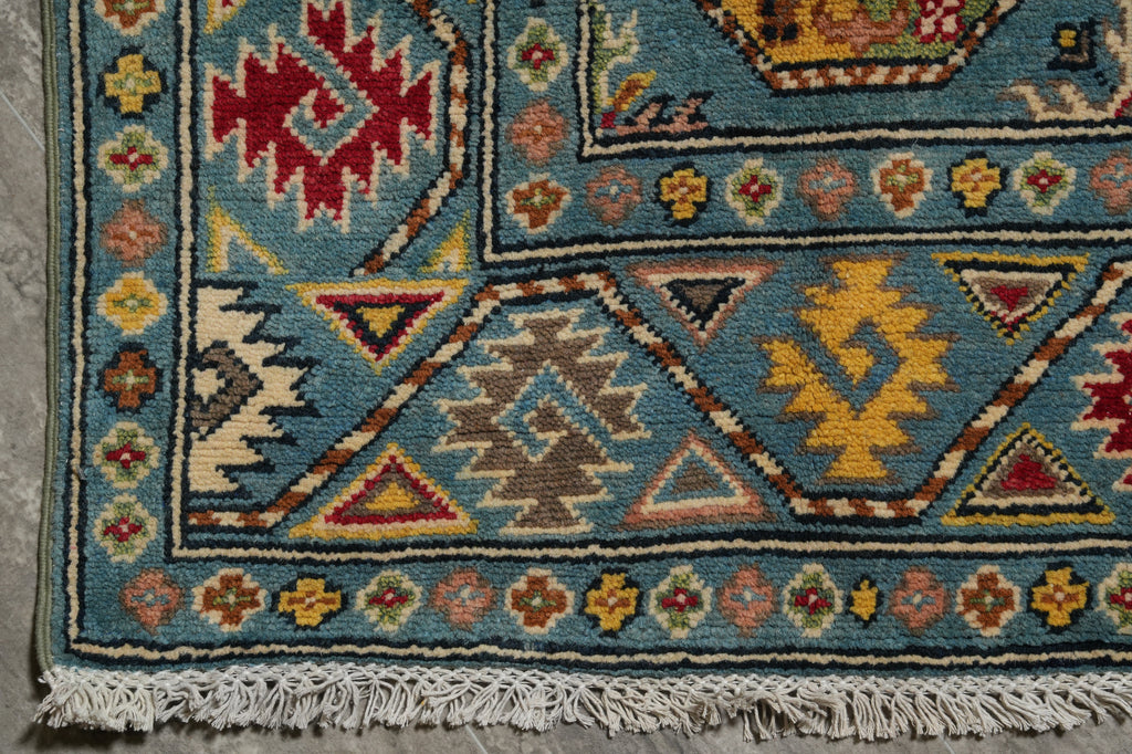 2.9 x 11 Feet Runner Afghan Handmade Wool Kazak Carpet Turquoise Blue #F-3280
