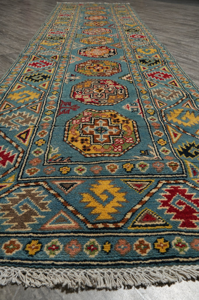 2.9 x 11 Feet Runner Afghan Handmade Wool Kazak Carpet Turquoise Blue #F-3280
