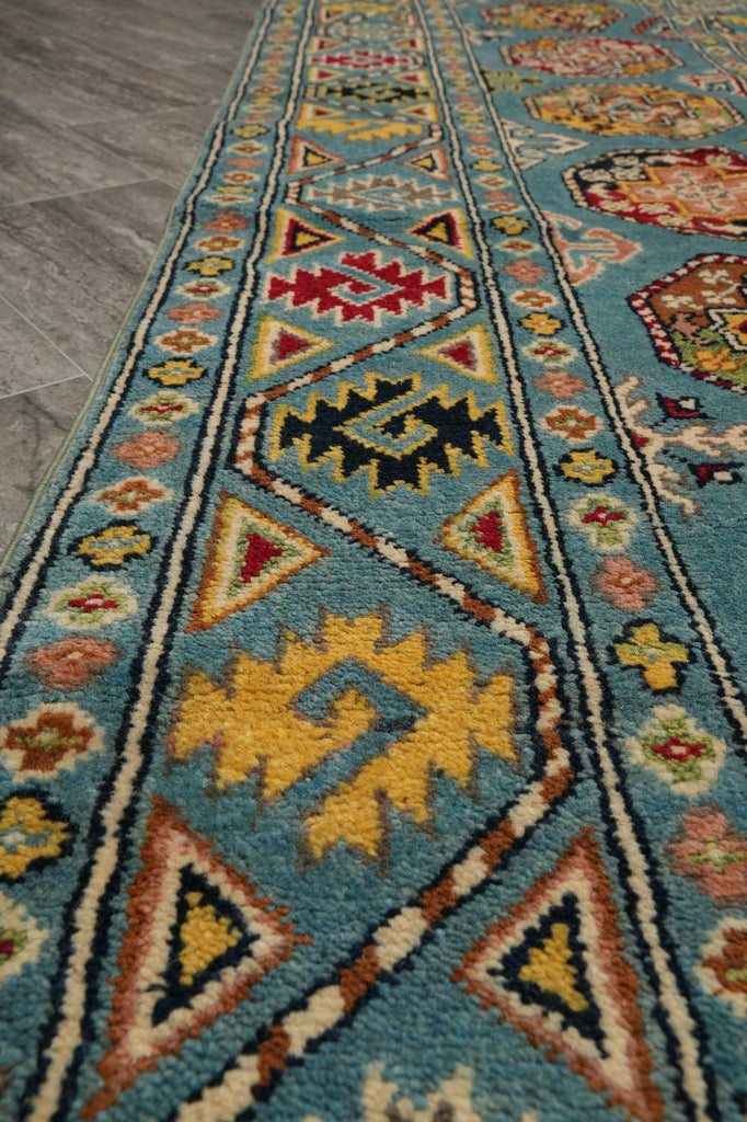 2.9 x 11 Feet Runner Afghan Handmade Wool Kazak Carpet Turquoise Blue #F-3280