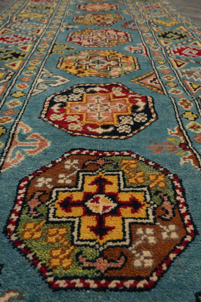 2.9 x 11 Feet Runner Afghan Handmade Wool Kazak Carpet Turquoise Blue #F-3280