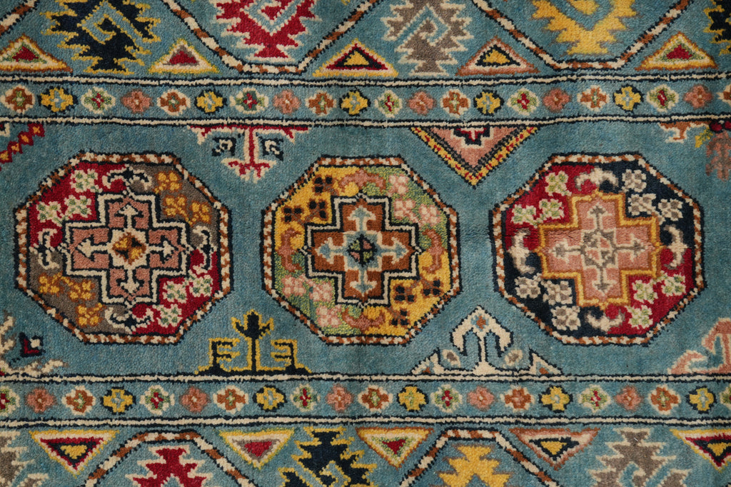 2.9 x 11 Feet Runner Afghan Handmade Wool Kazak Carpet Turquoise Blue #F-3280