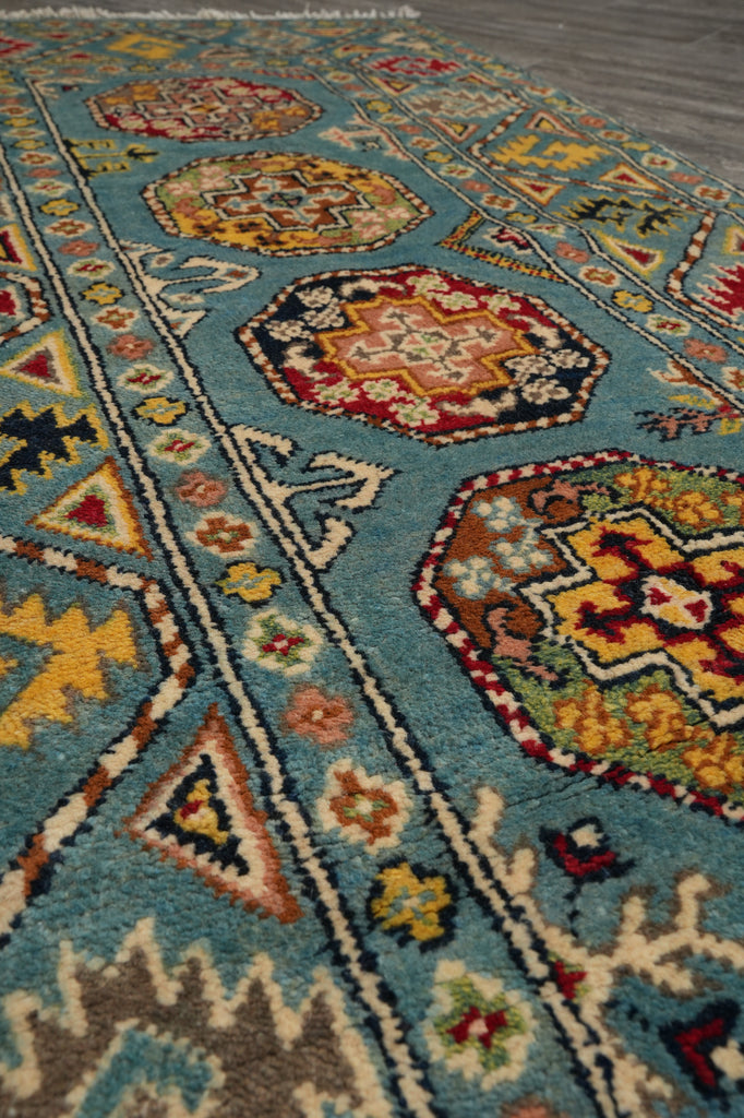 2.9 x 11 Feet Runner Afghan Handmade Wool Kazak Carpet Turquoise Blue #F-3280