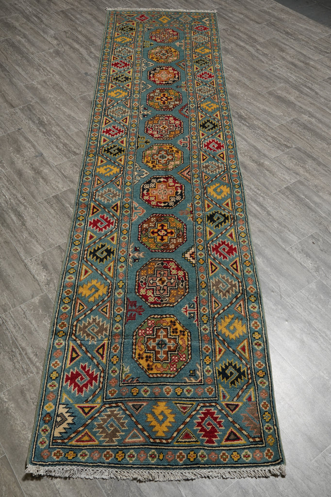 2.9 x 11 Feet Runner Afghan Handmade Wool Kazak Carpet Turquoise Blue #F-3280