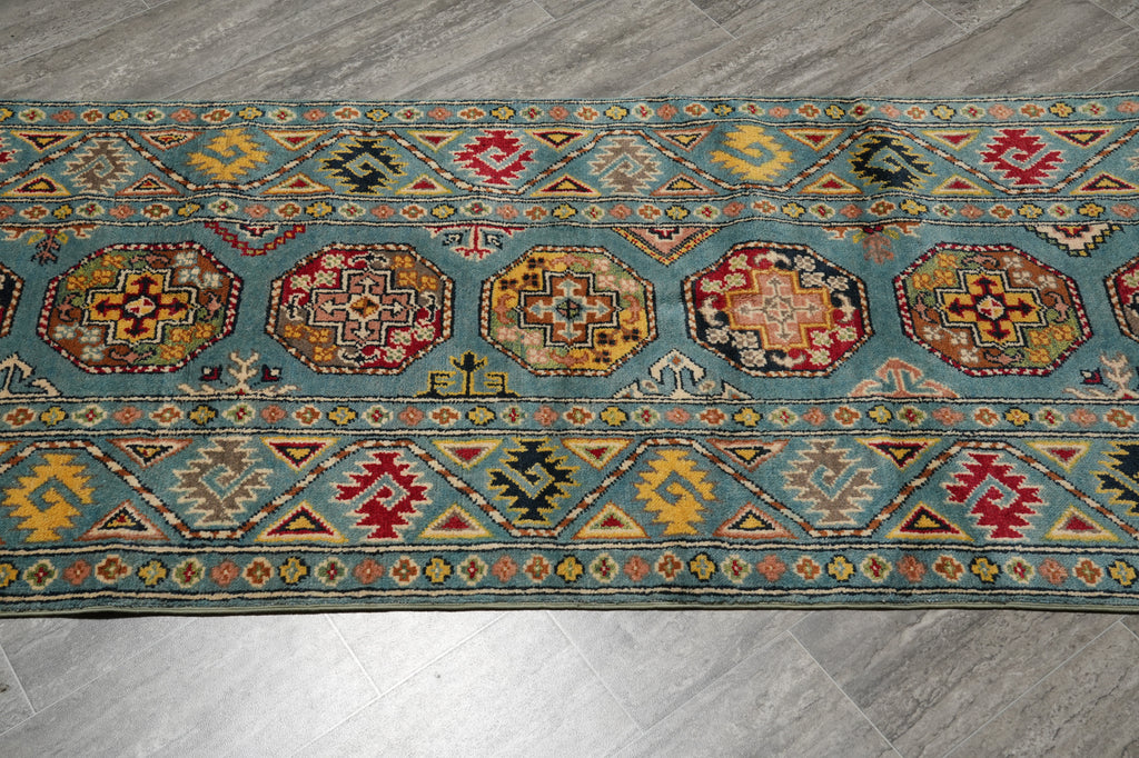 2.9 x 11 Feet Runner Afghan Handmade Wool Kazak Carpet Turquoise Blue #F-3280