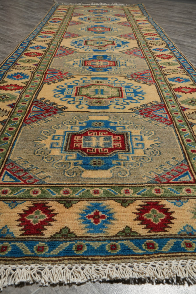 3 x 9 Green Kazak Runner Handmade Afghanistan #F-3284