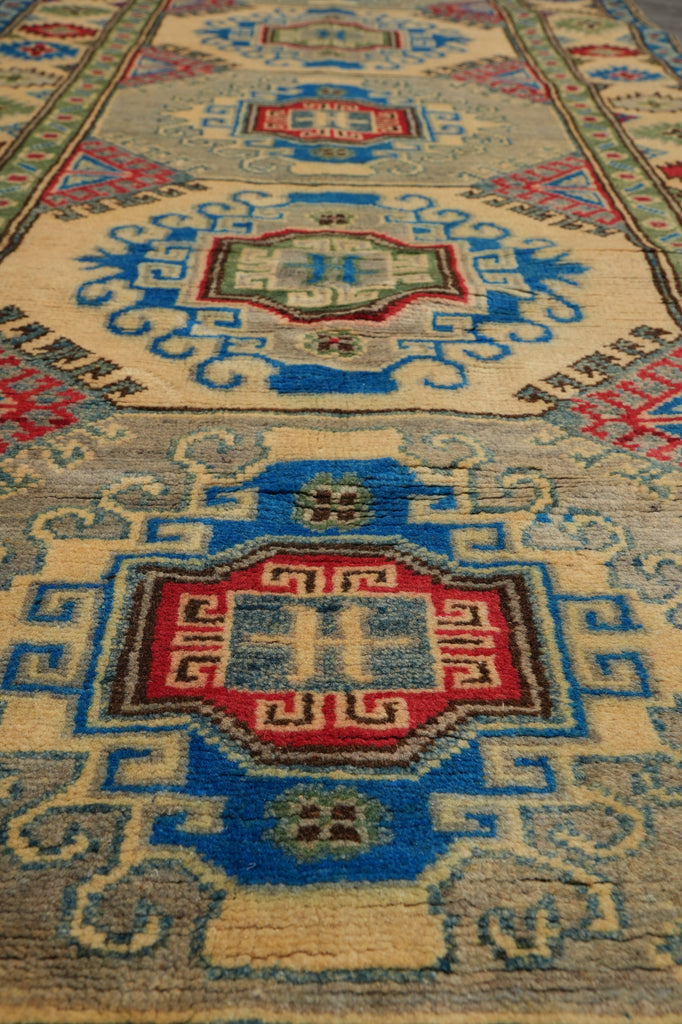 3 x 9 Green Kazak Runner Handmade Afghanistan #F-3284