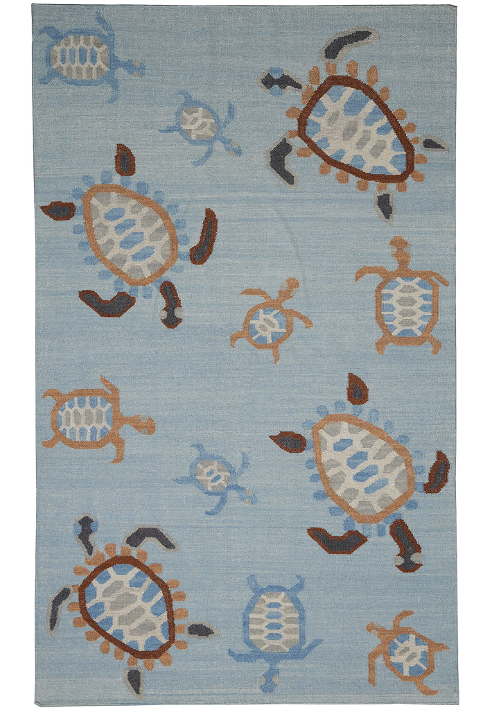 5.2 X 8.2 Light Blue Handmade Dhurry Kilim Turtle #F-4431