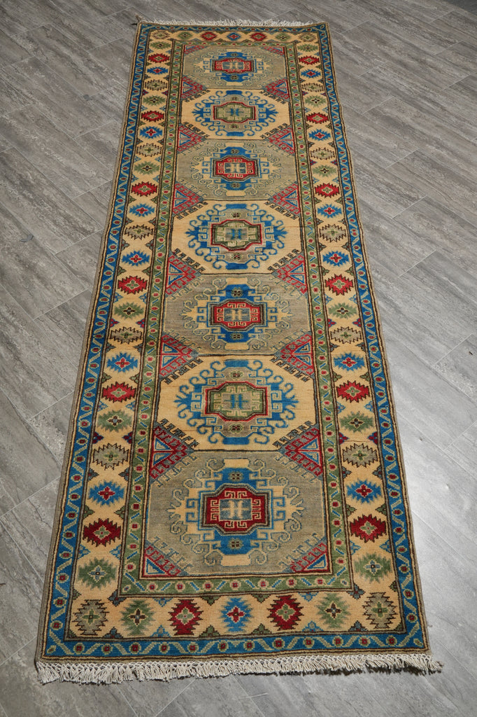 3 x 9 Green Kazak Runner Handmade Afghanistan #F-3284