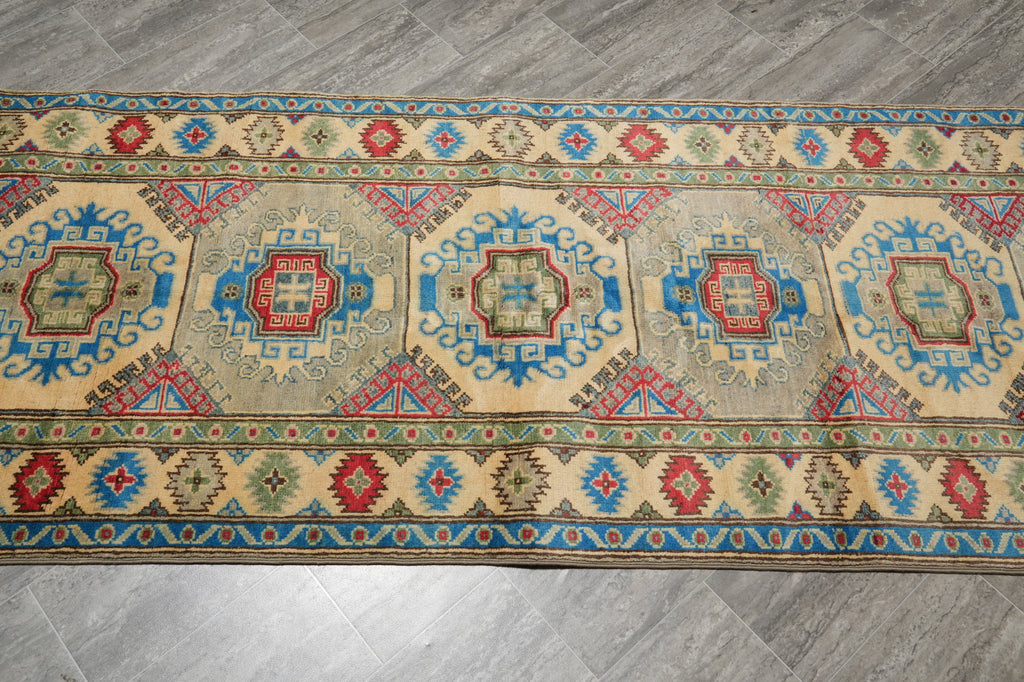 3 x 9 Green Kazak Runner Handmade Afghanistan #F-3284