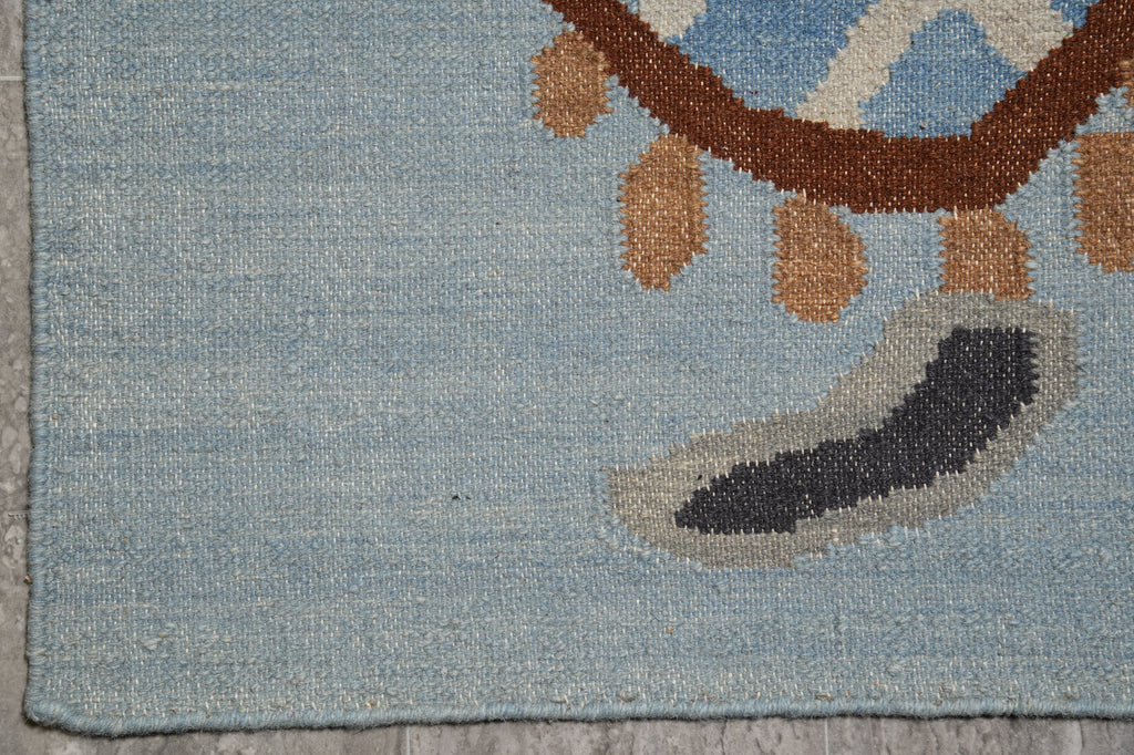 5.2 X 8.2 Light Blue Handmade Dhurry Kilim Turtle #F-4431