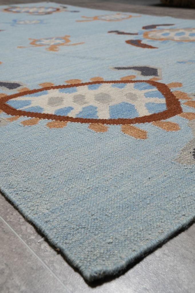 5.2 X 8.2 Light Blue Handmade Dhurry Kilim Turtle #F-4431