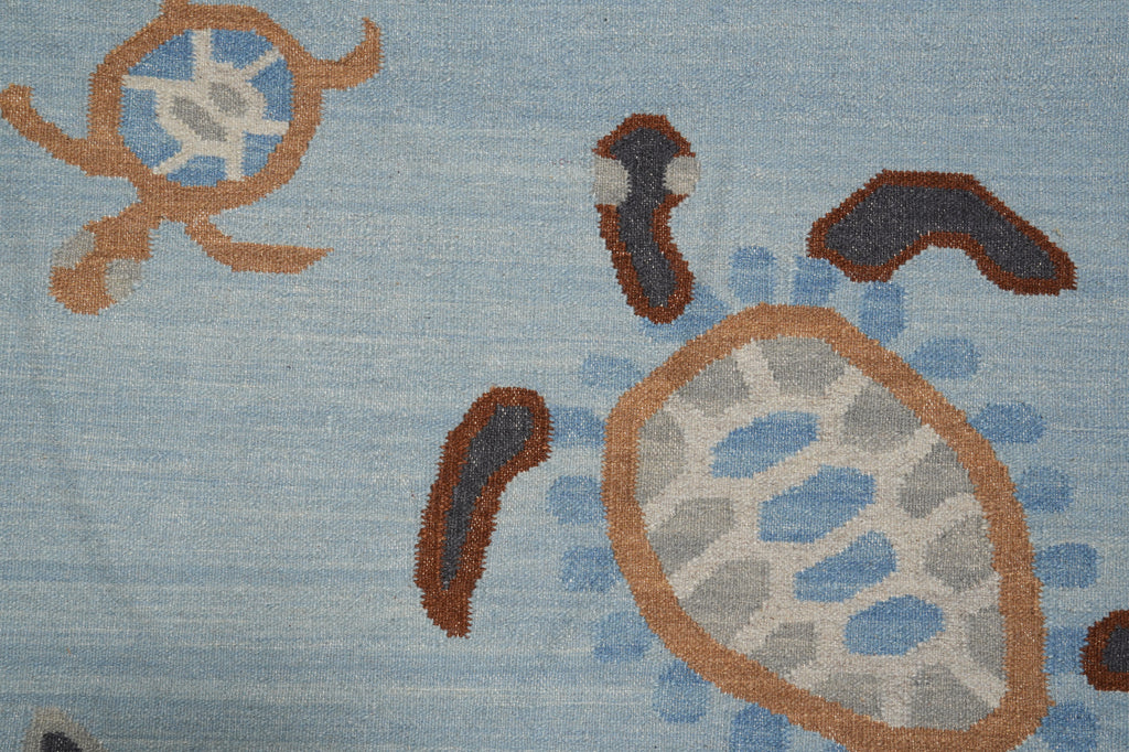 5.2 X 8.2 Light Blue Handmade Dhurry Kilim Turtle #F-4431