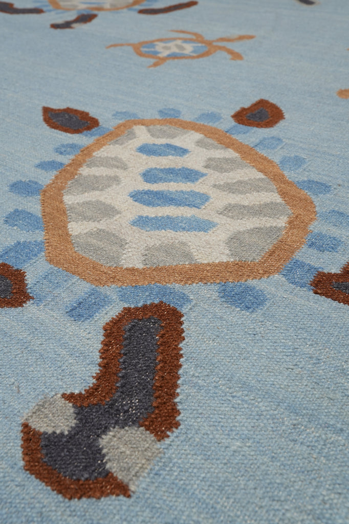 5.2 X 8.2 Light Blue Handmade Dhurry Kilim Turtle #F-4431