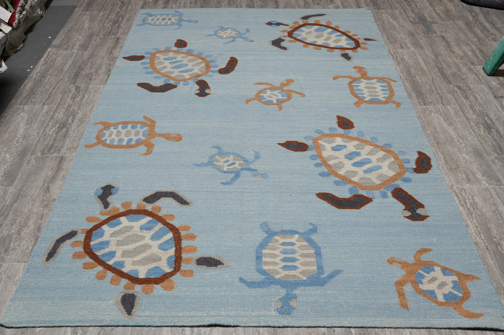 5.2 X 8.2 Light Blue Handmade Dhurry Kilim Turtle #F-4431