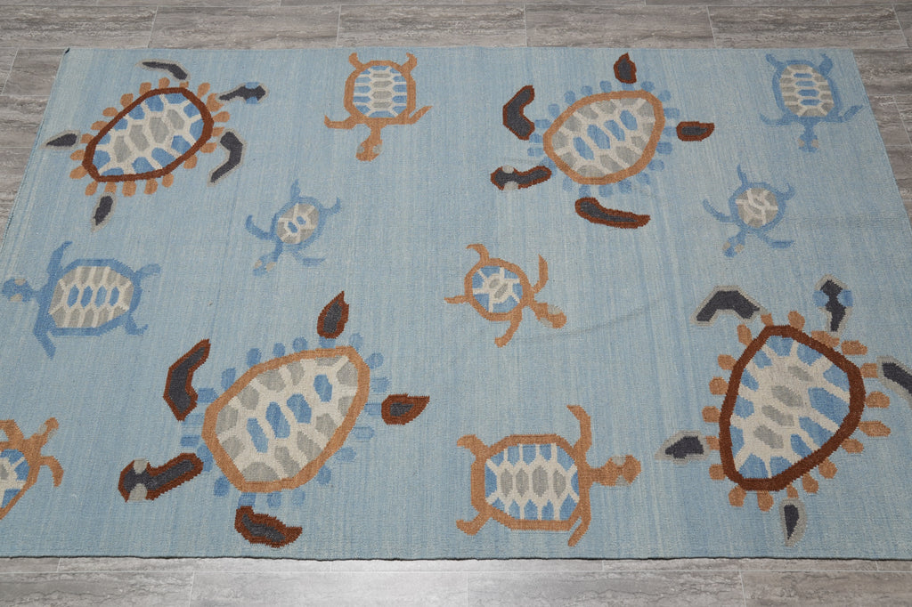 5.2 X 8.2 Light Blue Handmade Dhurry Kilim Turtle #F-4431