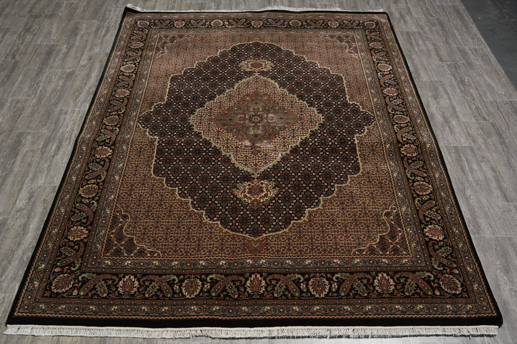6.7 x 8 New Handmade Mahi Tabriz BLACK Rug Wool and Silk #F-3060
